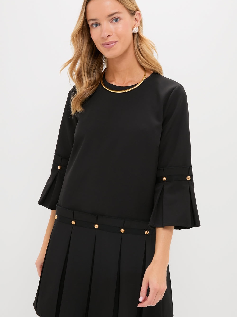 Tuckernuck Black Kennedy Dress, Pleated Bell-Sleeve Tunic with Gold-Tone Buttons